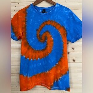 Small Unisex GILDAN Soft Style Blue Orange Spiral Tie-Dye Unique Handmade TShirt
